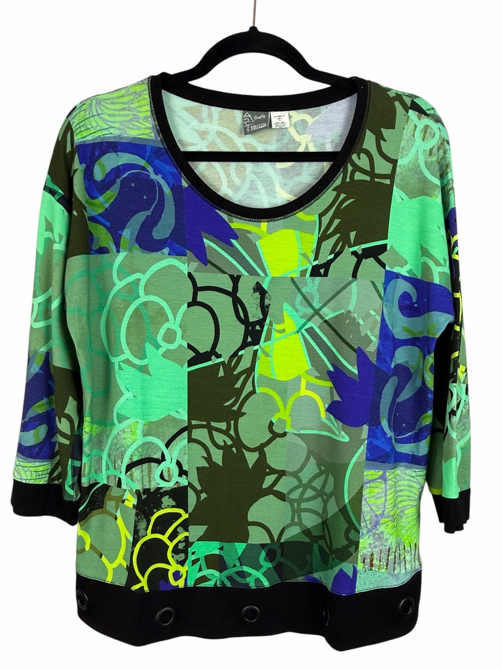 Dolcezza Abstract Art Print Knit Top Size Small 3/4 Sleeve Made in Turkey